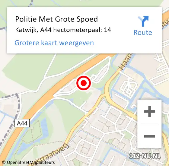 Locatie op kaart van de 112 melding: Politie Met Grote Spoed Naar Katwijk, A44 hectometerpaal: 14 op 21 december 2023 18:48
