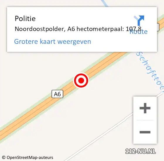 Locatie op kaart van de 112 melding: Politie Noordoostpolder, A6 hectometerpaal: 107,8 op 21 december 2023 19:08