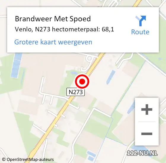 Locatie op kaart van de 112 melding: Brandweer Met Spoed Naar Venlo, N273 hectometerpaal: 68,1 op 21 december 2023 19:35