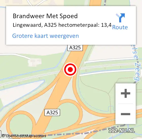 Locatie op kaart van de 112 melding: Brandweer Met Spoed Naar Lingewaard, A325 hectometerpaal: 13,4 op 21 december 2023 19:47