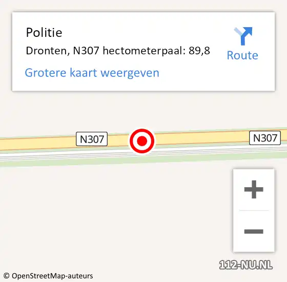 Locatie op kaart van de 112 melding: Politie Dronten, N307 hectometerpaal: 89,8 op 21 december 2023 20:11