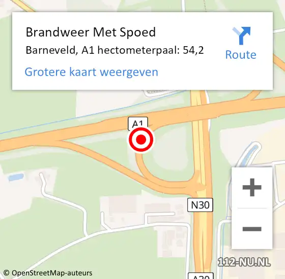 Locatie op kaart van de 112 melding: Brandweer Met Spoed Naar Barneveld, A1 hectometerpaal: 54,2 op 21 december 2023 20:30