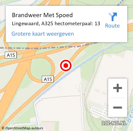 Locatie op kaart van de 112 melding: Brandweer Met Spoed Naar Lingewaard, A325 hectometerpaal: 13 op 21 december 2023 20:38