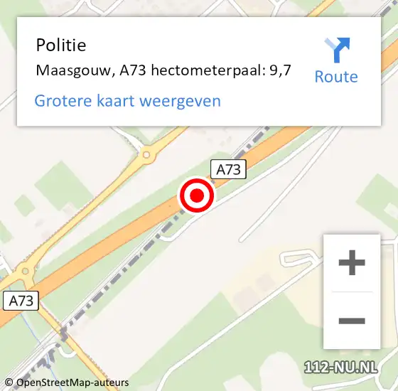 Locatie op kaart van de 112 melding: Politie Maasgouw, A73 hectometerpaal: 9,7 op 21 december 2023 20:46