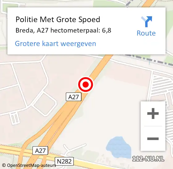 Locatie op kaart van de 112 melding: Politie Met Grote Spoed Naar Breda, A27 hectometerpaal: 6,8 op 21 december 2023 21:35