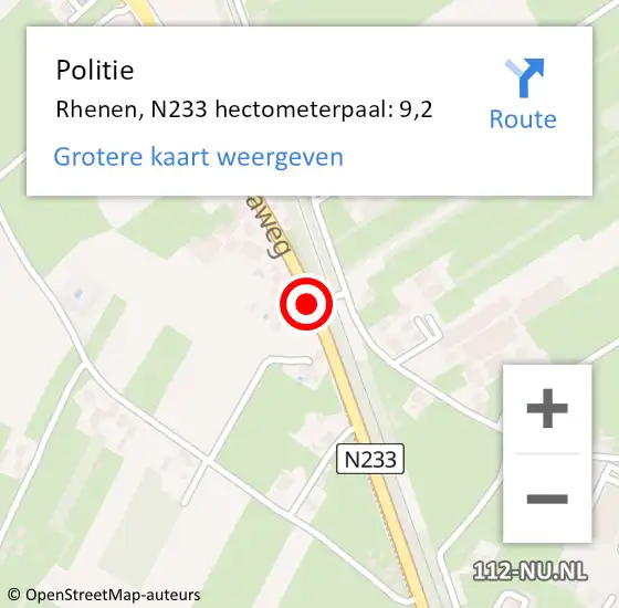 Locatie op kaart van de 112 melding: Politie Rhenen, N233 hectometerpaal: 9,2 op 21 december 2023 22:01