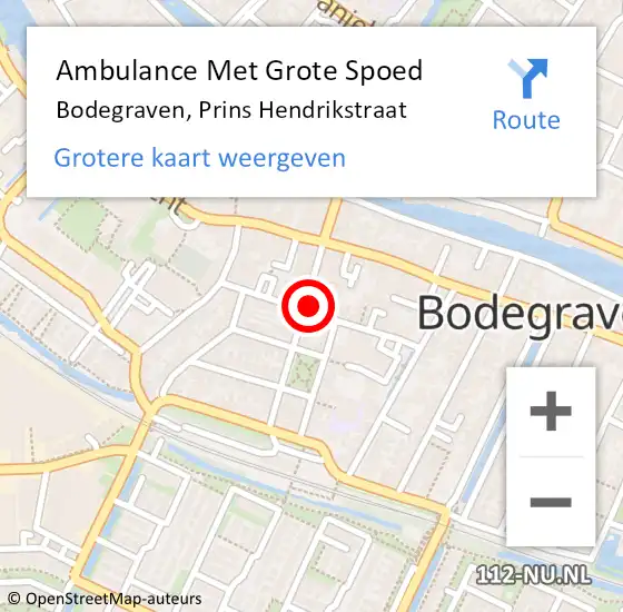 Locatie op kaart van de 112 melding: Ambulance Met Grote Spoed Naar Bodegraven, Prins Hendrikstraat op 21 december 2023 22:34