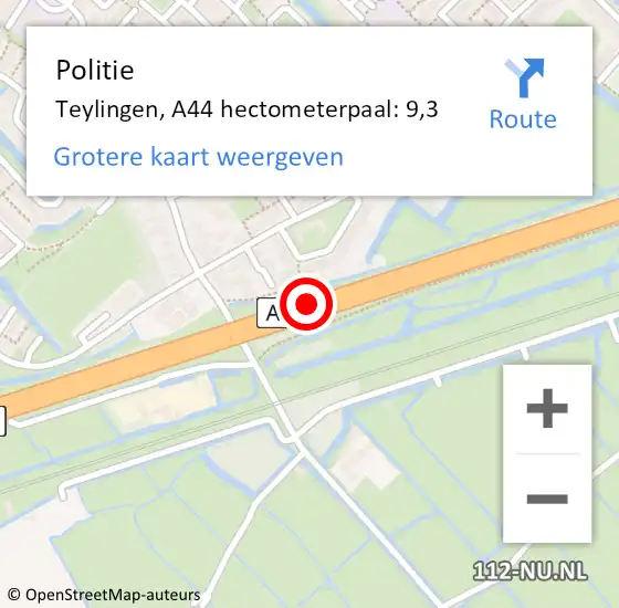 Locatie op kaart van de 112 melding: Politie Teylingen, A44 hectometerpaal: 9,3 op 21 december 2023 22:34