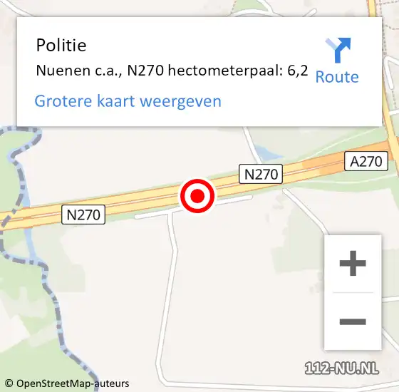 Locatie op kaart van de 112 melding: Politie Nuenen c.a., N270 hectometerpaal: 6,2 op 21 december 2023 22:56