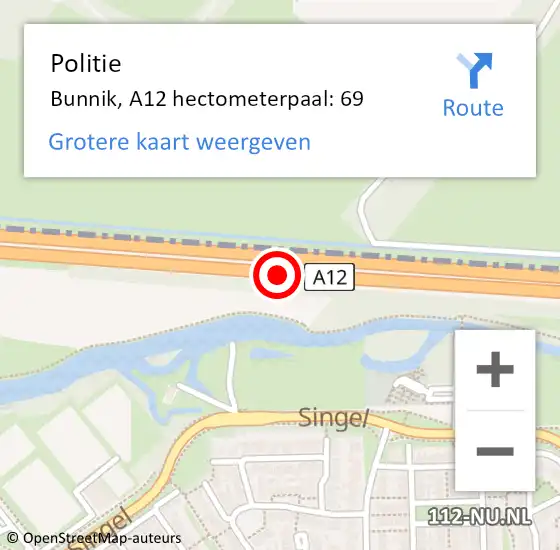 Locatie op kaart van de 112 melding: Politie Bunnik, A12 hectometerpaal: 69 op 21 december 2023 23:26