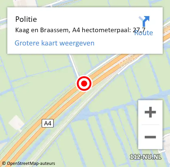 Locatie op kaart van de 112 melding: Politie Kaag en Braassem, A4 hectometerpaal: 27,7 op 21 december 2023 23:30