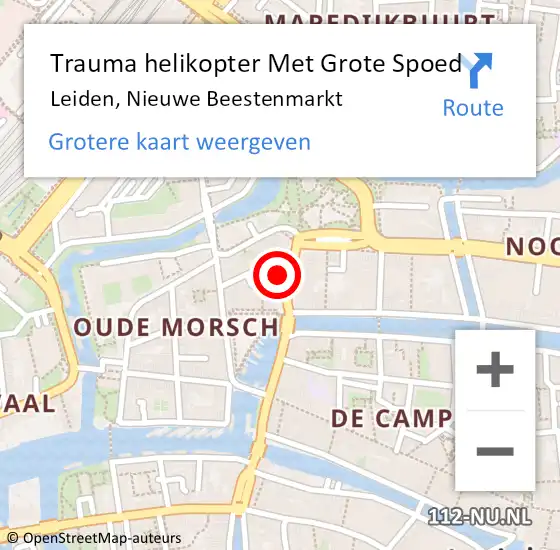 Locatie op kaart van de 112 melding: Trauma helikopter Met Grote Spoed Naar Leiden, Nieuwe Beestenmarkt op 21 december 2023 23:39