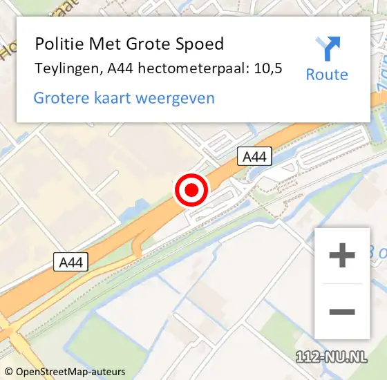 Locatie op kaart van de 112 melding: Politie Met Grote Spoed Naar Teylingen, A44 hectometerpaal: 10,5 op 22 december 2023 00:58