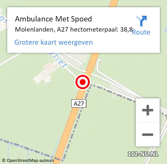 Locatie op kaart van de 112 melding: Ambulance Met Spoed Naar Molenlanden, A27 hectometerpaal: 38,8 op 22 december 2023 07:32