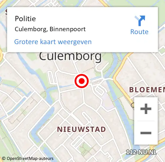 Locatie op kaart van de 112 melding: Politie Culemborg, Binnenpoort op 22 december 2023 09:11