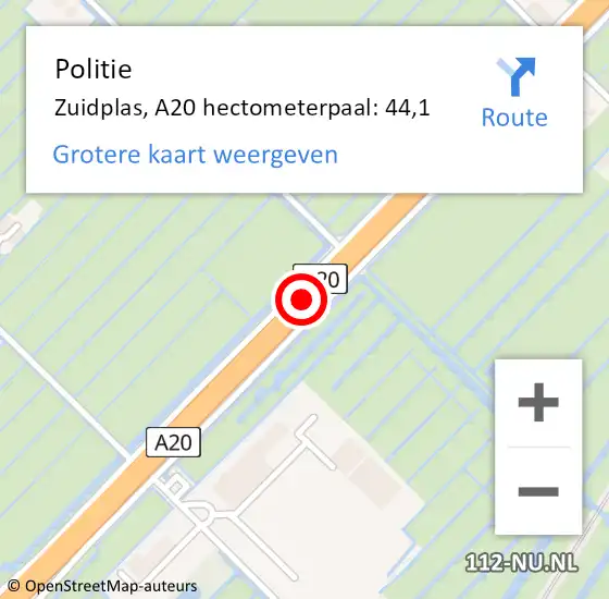 Locatie op kaart van de 112 melding: Politie Zuidplas, A20 hectometerpaal: 44,1 op 22 december 2023 14:25