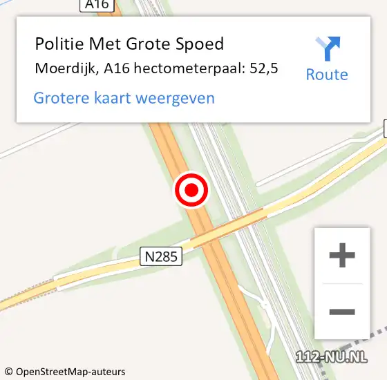 Locatie op kaart van de 112 melding: Politie Met Grote Spoed Naar Moerdijk, A16 hectometerpaal: 52,5 op 22 december 2023 16:31