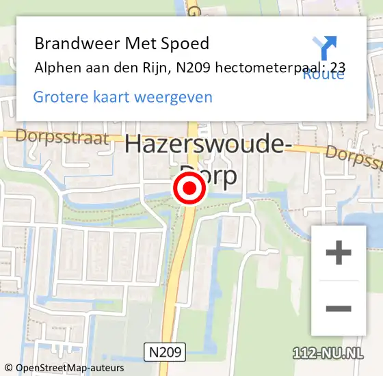 Locatie op kaart van de 112 melding: Brandweer Met Spoed Naar Alphen aan den Rijn, N209 hectometerpaal: 23 op 22 december 2023 17:18