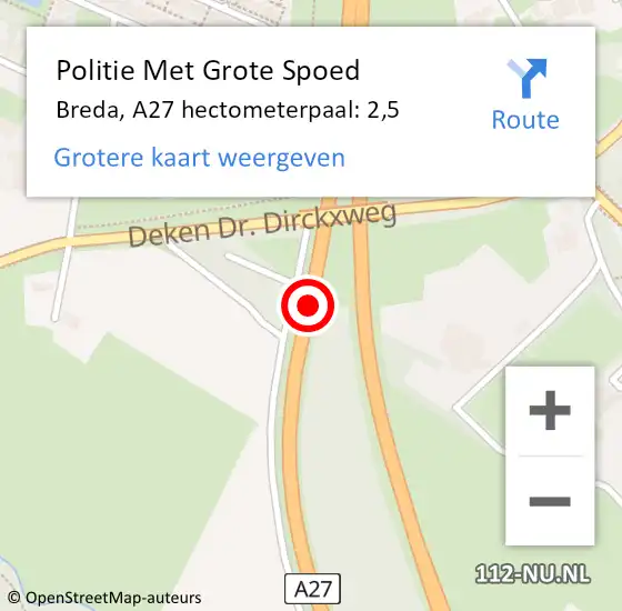 Locatie op kaart van de 112 melding: Politie Met Grote Spoed Naar Breda, A27 hectometerpaal: 2,5 op 22 december 2023 17:33