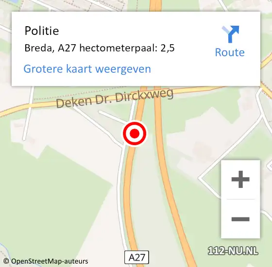Locatie op kaart van de 112 melding: Politie Breda, A27 hectometerpaal: 2,5 op 22 december 2023 17:33