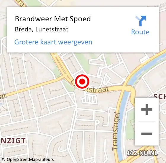 Locatie op kaart van de 112 melding: Brandweer Met Spoed Naar Breda, Lunetstraat op 22 december 2023 18:51
