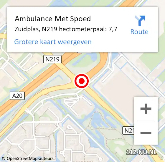 Locatie op kaart van de 112 melding: Ambulance Met Spoed Naar Zuidplas, N219 hectometerpaal: 7,7 op 22 december 2023 19:55