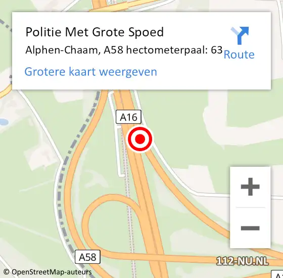 Locatie op kaart van de 112 melding: Politie Met Grote Spoed Naar Alphen-Chaam, A58 hectometerpaal: 63 op 22 december 2023 21:05