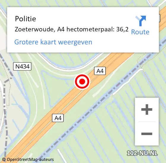 Locatie op kaart van de 112 melding: Politie Zoeterwoude, A4 hectometerpaal: 36,2 op 22 december 2023 22:38