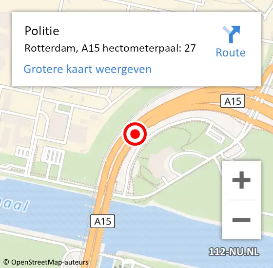 Locatie op kaart van de 112 melding: Politie Rotterdam, A15 hectometerpaal: 27 op 22 december 2023 23:12