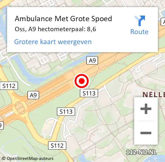 Locatie op kaart van de 112 melding: Ambulance Met Grote Spoed Naar Oss, A9 hectometerpaal: 8,6 op 23 december 2023 00:48