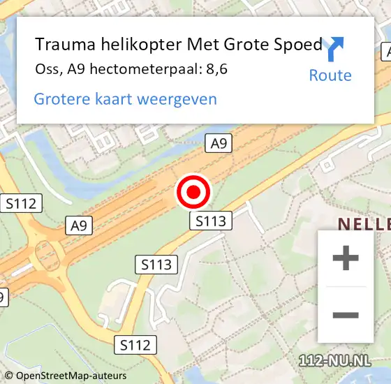 Locatie op kaart van de 112 melding: Trauma helikopter Met Grote Spoed Naar Oss, A9 hectometerpaal: 8,6 op 23 december 2023 00:48