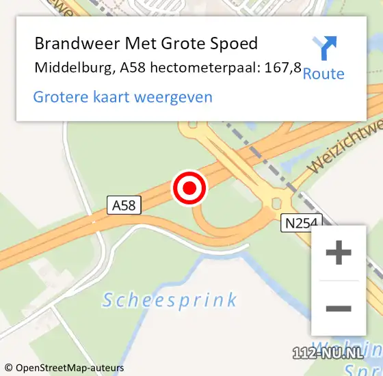 Locatie op kaart van de 112 melding: Brandweer Met Grote Spoed Naar Middelburg, A58 hectometerpaal: 167,8 op 23 december 2023 03:49
