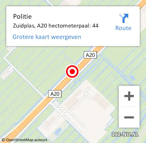 Locatie op kaart van de 112 melding: Politie Zuidplas, A20 hectometerpaal: 44 op 23 december 2023 07:25