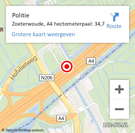 Locatie op kaart van de 112 melding: Politie Zoeterwoude, A4 hectometerpaal: 34,7 op 23 december 2023 08:51