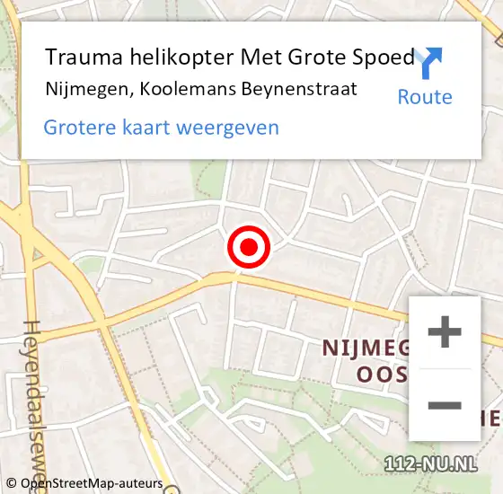 Locatie op kaart van de 112 melding: Trauma helikopter Met Grote Spoed Naar Nijmegen, Koolemans Beynenstraat op 23 december 2023 11:45