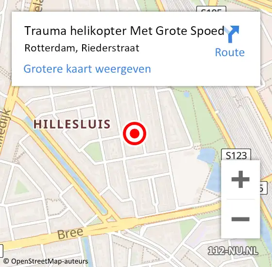 Locatie op kaart van de 112 melding: Trauma helikopter Met Grote Spoed Naar Rotterdam, Riederstraat op 23 december 2023 13:15