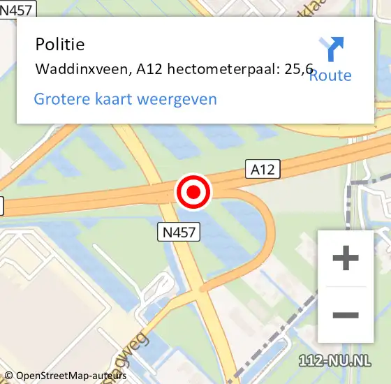 Locatie op kaart van de 112 melding: Politie Waddinxveen, A12 hectometerpaal: 25,6 op 23 december 2023 14:11