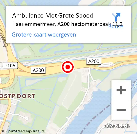 Locatie op kaart van de 112 melding: Ambulance Met Grote Spoed Naar Haarlemmermeer, A200 hectometerpaal: 11,2 op 23 december 2023 19:46