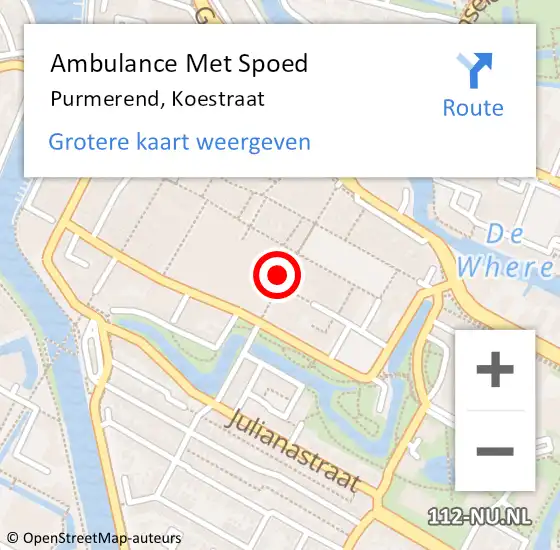 Locatie op kaart van de 112 melding: Ambulance Met Spoed Naar Purmerend, Koestraat op 24 december 2023 04:35