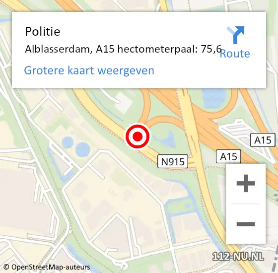 Locatie op kaart van de 112 melding: Politie Alblasserdam, A15 hectometerpaal: 75,6 op 24 december 2023 04:54