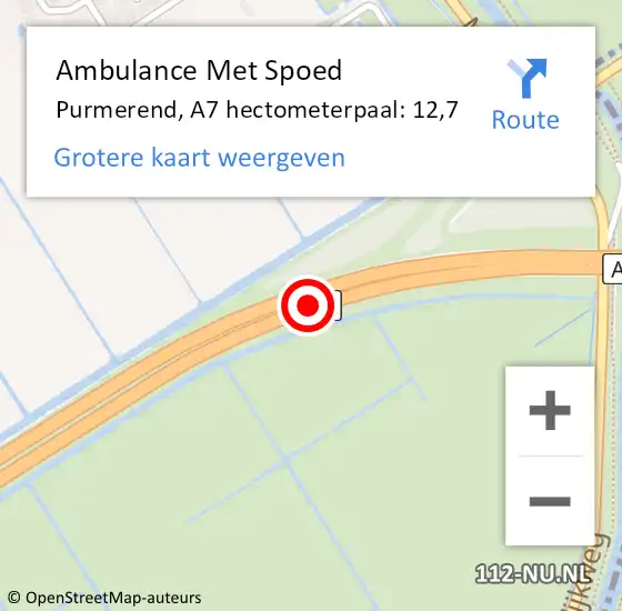 Locatie op kaart van de 112 melding: Ambulance Met Spoed Naar Purmerend, A7 hectometerpaal: 12,7 op 24 december 2023 05:27