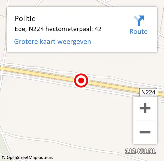 Locatie op kaart van de 112 melding: Politie Ede, N224 hectometerpaal: 42 op 24 december 2023 06:27