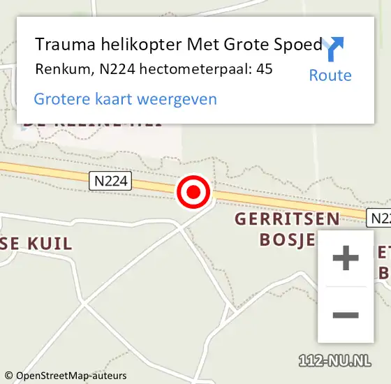 Locatie op kaart van de 112 melding: Trauma helikopter Met Grote Spoed Naar Renkum, N224 hectometerpaal: 45 op 24 december 2023 06:43