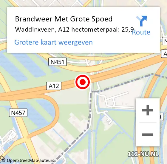 Locatie op kaart van de 112 melding: Brandweer Met Grote Spoed Naar Waddinxveen, A12 hectometerpaal: 25,9 op 24 december 2023 13:36