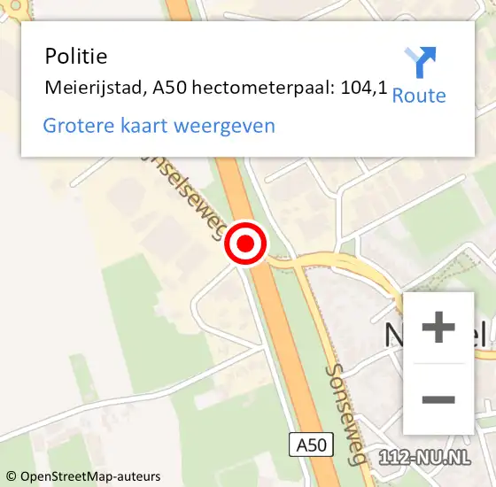 Locatie op kaart van de 112 melding: Politie Meierijstad, A50 hectometerpaal: 104,1 op 24 december 2023 13:49