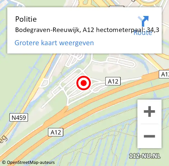 Locatie op kaart van de 112 melding: Politie Bodegraven-Reeuwijk, A12 hectometerpaal: 34,3 op 24 december 2023 18:38