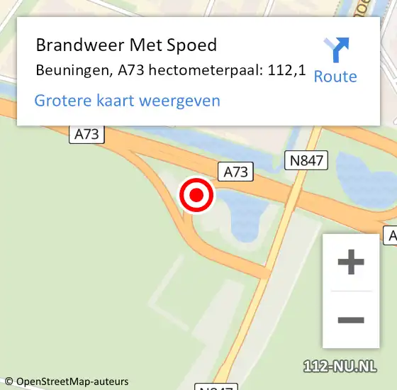 Locatie op kaart van de 112 melding: Brandweer Met Spoed Naar Beuningen, A73 hectometerpaal: 112,1 op 24 december 2023 19:27