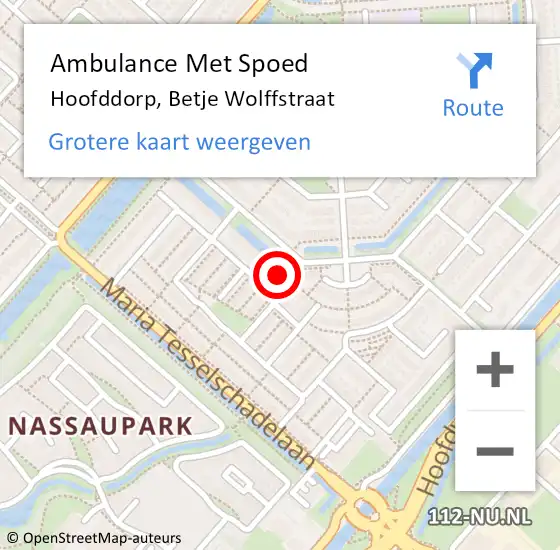 Locatie op kaart van de 112 melding: Ambulance Met Spoed Naar Hoofddorp, Betje Wolffstraat op 24 december 2023 21:41