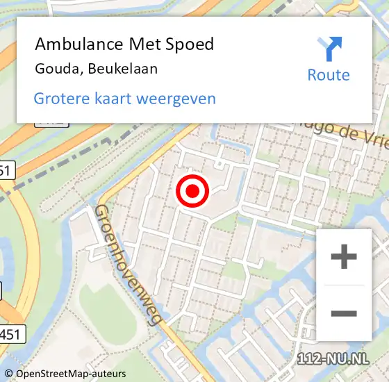 Locatie op kaart van de 112 melding: Ambulance Met Spoed Naar Gouda, Beukelaan op 24 december 2023 22:16