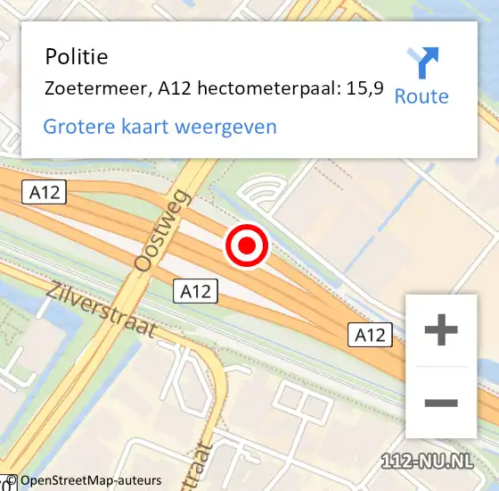 Locatie op kaart van de 112 melding: Politie Zoetermeer, A12 hectometerpaal: 15,9 op 24 december 2023 22:37